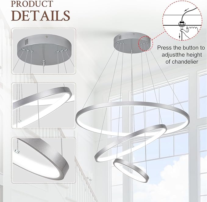 3 Ring Modern LED Chandelier Silver Dimmable Round Chandeliers, LED Circular Pendant Light Fixture with Remote Control for Living Room, Dining Room, Office, Entry, Bedroom