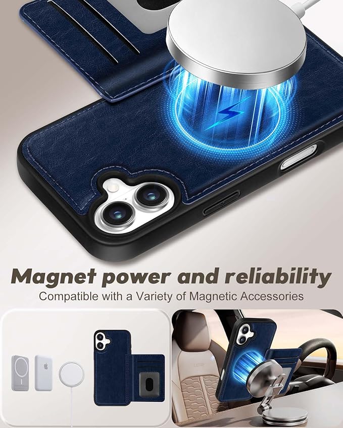 for iPhone 16 Plus Case with Wallet - Fits 4 Card Slots, Compatible with MagSafe for Women Men Aesthetic Durable PU Leather Credit Card Holder Kickstand Phone Cover for Apple 16 Plus, Blue
