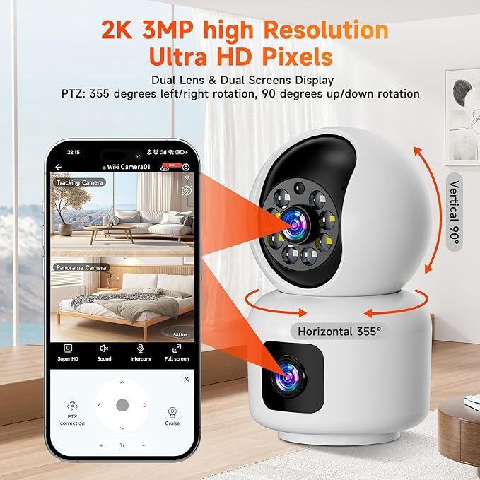 Hawkray 360° Dual Lens Smart Security Camera,2K HD Camera,Support 2.4G/5G,Dual-Band WiFi,Color Night Vision,Motion Detection for Baby and Pet Monitoring,Support Cloud and SD Card Storage.