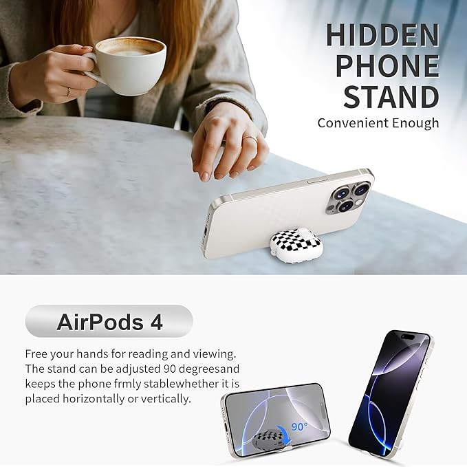 for AirPods 4 Case with Secure Lock Clip in Phone Stand,Floral Girly Style Protective Cover with Cleaning Kit and Hand Strap for Apple AirPod 4 Generation (Black White Squares)