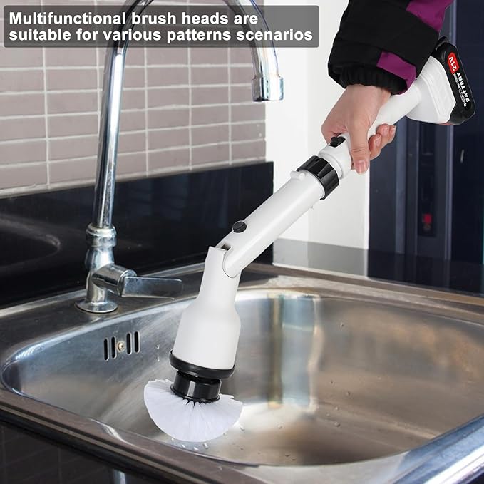 Electric Spin Scrubber, Cordless Cleaning Brush Scrubber, Shower Scrubber with 4 Replaceable Heads, IPX7 Waterproof, Dual Batteries, Adjustable Telescopic Handle for Bathroom/Tile/Grout/Floor (White)