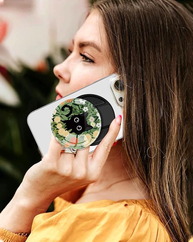 Kidcube Magnetic Phone Grip Compatible with Magsafe - Cell Phone Grip Stand Ring Holder Magnet Kickstand Removable Accessories for iPhone 16 Pro Max/16/15/14/13/12 Series Cute Kawaii Flowers Cat