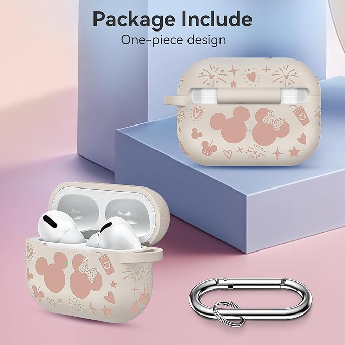 Compatible with Airpods Pro 2nd/1st Generation Case Cover with Keychain, Women Men Soft Silicone Two-Tone Cute Cartoon Engraved Convenience Protective Case, Front LED Visible Starlight/Pink