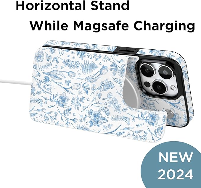 uCOLOR for iPhone 14 Pro Max 6.7" Wallet Case Magsafe with Card Holder Slot【Compatible with MagSafe】 Folio Flip PU Leather Double Magnetic RFID Design (Blue Toile Flowers)