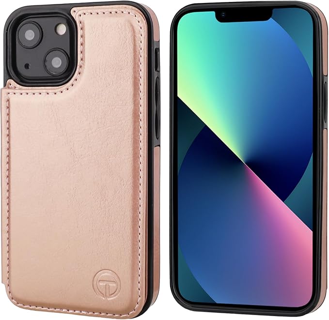 ONETOP Compatible with Magsafe for iPhone 13 Mini Wallet Case with Card Holder, PU Leather Kickstand RFID Blocking Case, Double Magnetic Clasp and Durable Shockproof Cover 5.4 Inch (Rose Gold)