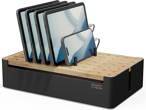 Prosumer's Choice Bamboo Charging Station for Multiple Devices - Wood Device Dock, Organizer Suitable Apple & Android Cell Phone, Tablet, iPad Cables Not Included, Metal & Bamboo Black