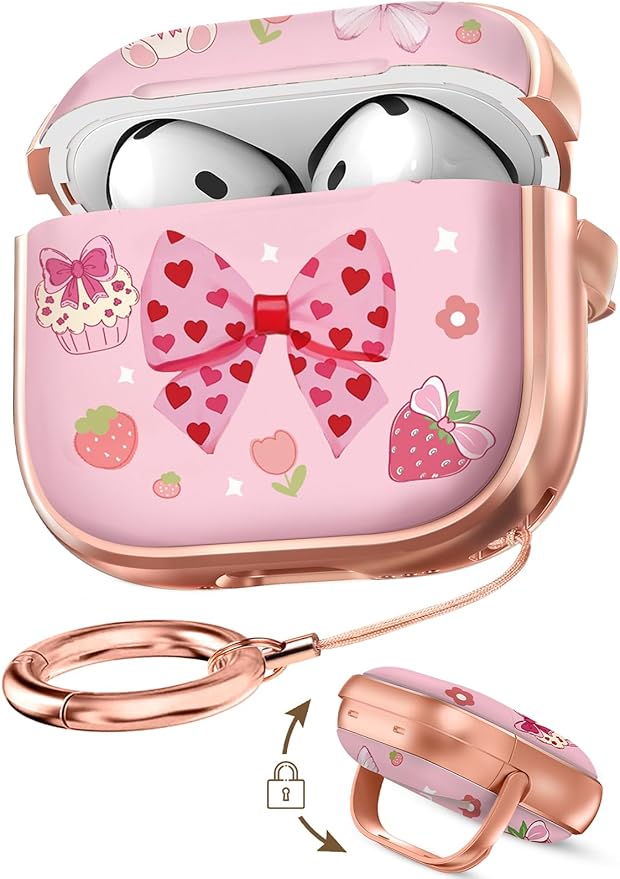 Coralogo for AirPods 4 Case with Safety Lock - Cute Cartoon for Women Girls Fashion Stylish Bow Cake Pattern Design Kawaii Girly Girlish Hard Protective Cover for AirPods 4th Generation 2024