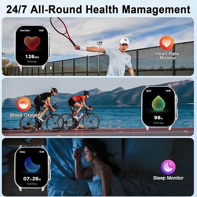 Smart Watch for Men/Women, 2.01" AMOLED Curved Display Fitness Tracker with Answer/Make Calls, 100+ Sport Modes, 24/7 Heart Rate/Sleep Monitor/Pedometer, IP68 Waterproof Watch, for Android iOS Blue