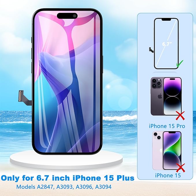 for iPhone 15 Plus Screen Replacement 6.7 inch Full HD, 3D Touch LCD Screen Display Digitizer Assembly with Repair kit, Compatible for Model A2847, A3093, A3096, A3094