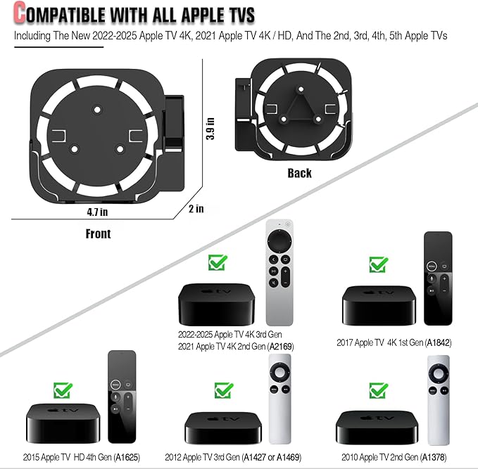 Apple TV Mount Compatible with All Apple TVs - Wall Mount Bracket with Remote Holder Fits for All Apple TV 4K / HD Models, with Siri Remote Silicone Protective Case / Cover