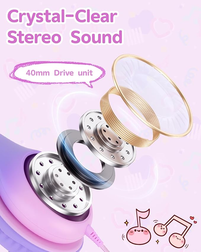 Over Ear Kids Headphones with HD Mic, Safe Volume Limited Wired Headphones for School, Travel, Stereo Sound Headphones with Cord, Foldable 3.5mm Headphones for iPad, Laptop, PC, Purple-Pink