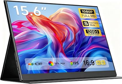 15.6 Inch Portable Monitor 1080P FHD IPS HDR Laptop Screen, 1.5lb Ultra Thin Travel Display, Dual USB-C & Mini HDMI, Magnetic PU Foldable Stand Case, Plug and Play for MacBook iPhone with two Speaker