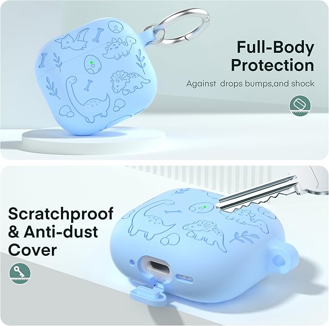 Maxjoy for AirPods 4 Case, Engraved Silicone Cute AirPod 4 Case for Women Men Protective iPod 4 Cover with Keychain Cleaning Kit for AirPod 4th Generation Cover 2024, Dinosaur Blue