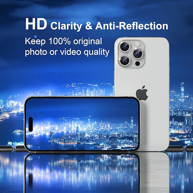 Misea Compatible for iPhone 16 Pro/iPhone 16 Pro Max Camera Lens Protector Bling, 9H Tempered Glass Camera Cover Screen Protector Metal Individual Ring Protector Decoration Accessories, Silver Diamond