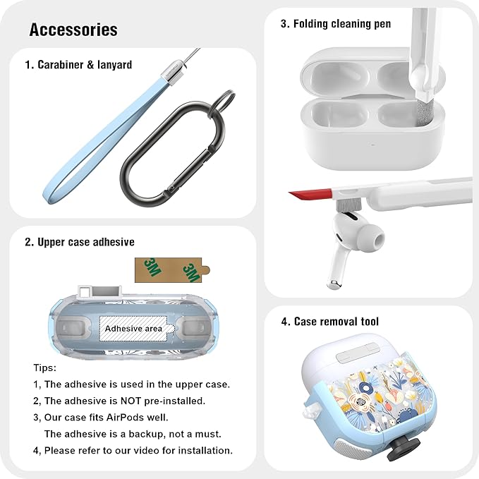 WENEW Case for AirPods 4th Case Cover Secure Lock Automatic Snap Switch Clip Cleaner Kit Lanyard Women Stylish Flower Armour Hard Shell Full Body Front LED Visible (Blue, AirPods 4)