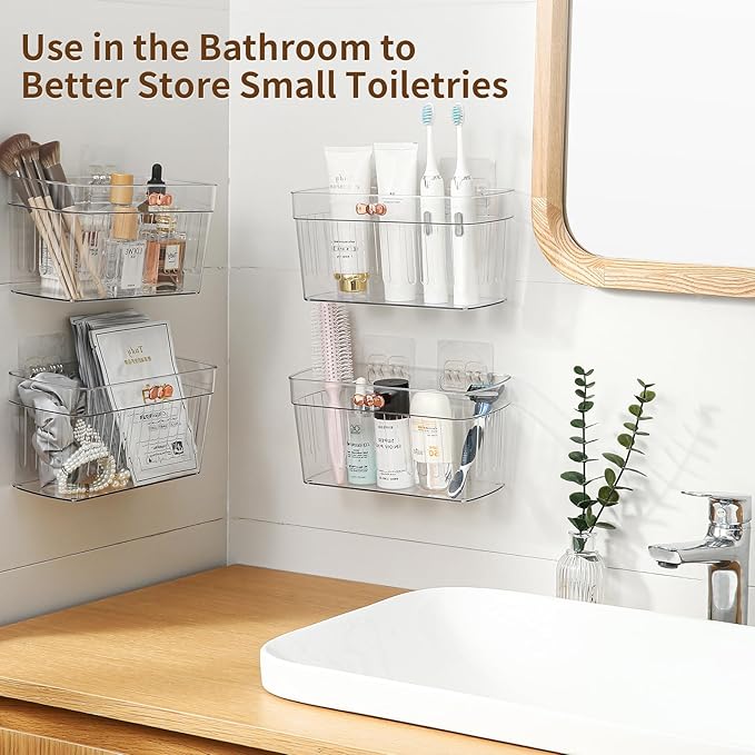 6 Pack Adhesive Cabinet Door Organizer, Compact Kitchen Under Sink Caddy, Plastic Bathroom Countertop Organizer Bins, Clear Pantry Storage Basket, Under Cabinet Seasoning Spice Rack