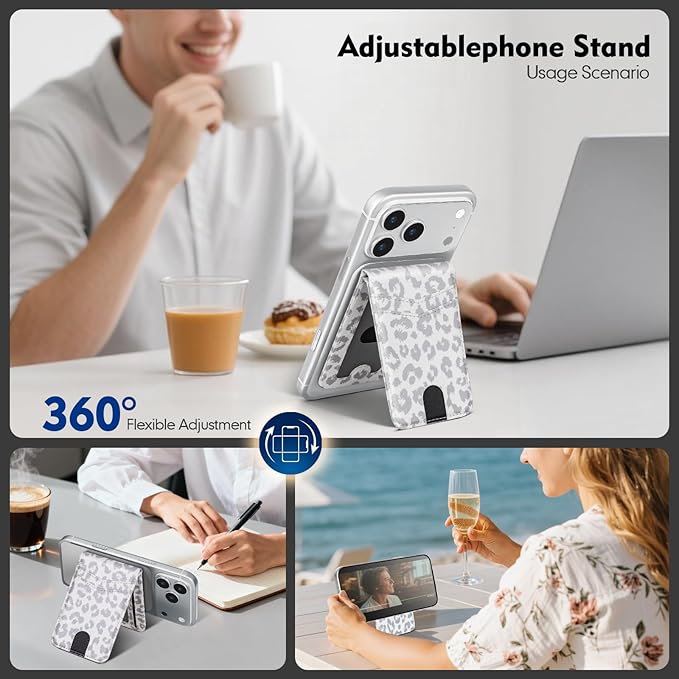 Compatible with Magsafe Case with Card Holder for Men Women Magnetic Ultra-Thin Wallet Bracket Adjustable Bracket for iPhone 17/16/15/14/13/12 Pro/Pro Max/PlusSeries,Leopard-White
