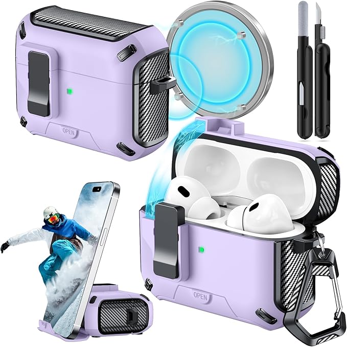 for AirPods Pro 2nd/1st Case (2023/2022/2019) with Phone Stand,（with Automatic Snap Switch） Carbon Fiber Design Protection Cover with Cleaning Pen,Purple