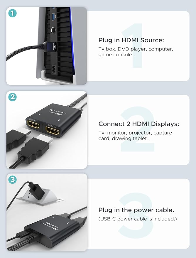 WARRKY HDMI Splitter 4K, 1x2 HDMI Display Duplicate/Mirror, HDMI Splitter 1 in 2 Out [Metal Shell, 3.3 Ft Braided HDMI Cable, LED Indicators], USB-C Powered Splitter, Black-4K@60Hz HDR