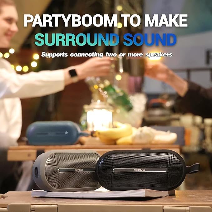 SOWO Portable Wireless Speaker with Bluetooth, Enhanced Immersive Bass, Partyboom Technology, 40W Loud Clear Stereo Sound, IP67 Waterproof, 16H Playtime for Outdoor, Camping and Travel - Deep Black