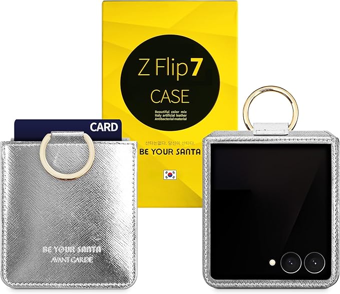 [BeYourSanta] Galaxy Z Flip 7 Case with Ring - Avant-Garde Handmade Saffiano Vegan Leather Case, Anti-Scratch Hinge Protection, Made in Korea (1 Pocket, Light Silver)