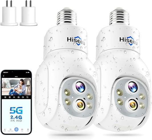 Hiseeu Dual Lens Light Bulb Security Camera Wireless WiFi 2.4GHz,10X Zoom PTZ Light Socket Security Camera Waterproof, 2-Way-Audio, Auto Tracking & Alarm, Color Night Vision, SD & Cloud Storage (2Pcs)