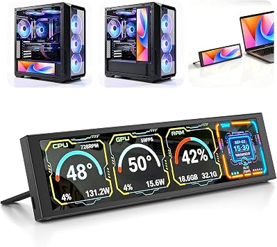 MT-VIKI 9.2 Inch USB PC Secondary Screen, 1920x462 Ultra-Wide IPS Display, Computer CPU GPU RAM Hardware Monitor, Custom Dynamic Themes & Extended Screen Mode, DIY PC Case Panel