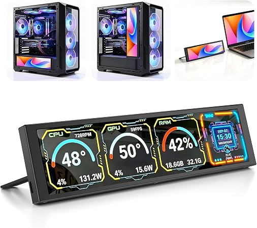 MT-VIKI 9.2 Inch USB PC Secondary Screen, 1920x462 Ultra-Wide IPS Display, Computer CPU GPU RAM Hardware Monitor, Custom Dynamic Themes & Extended Screen Mode, DIY PC Case Panel