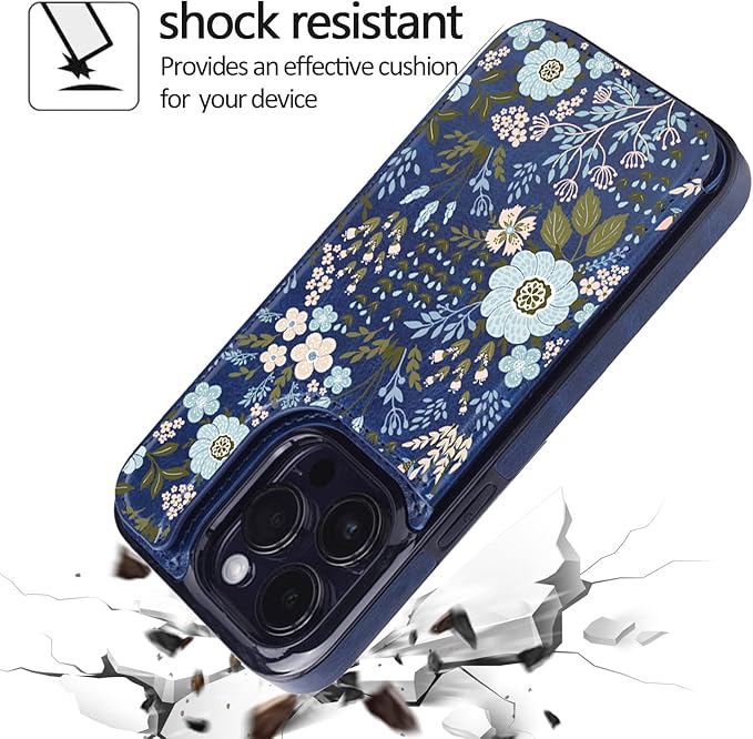uCOLOR Compatible with iPhone 14 Pro 6.1 Inch Wallet Case with Card Holder Folio Flip PU Leather Kickstand Card Slots Case Double Magnetic Clasp and RFID Blocking Cover (Navy Blue Flowers)