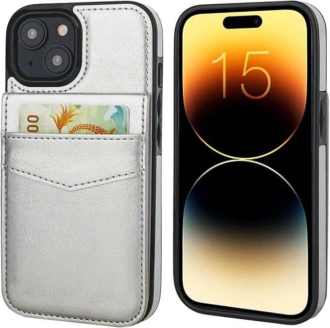 KIHUWEY Compatible with iPhone 15 Case Wallet with Credit Card Holder, Flip Premium Leather Magnetic Clasp Kickstand Heavy Duty Protective Cover for iPhone 15 6.1 Inch (Silver)