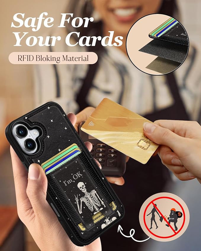 Shorogyt for iPhone 16 Wallet Case - Fits 5 Cards, Compatible with Magsafe Detachable Magnetic Credit Card Holder Leather Cardholder Cute Phone Cover Women Girls for Apple 16, OK Skeleton