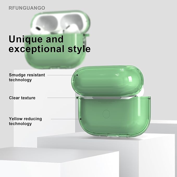 RFUNGUANGO AirPods Pro 3 Case Clear, Soft TPU Transparent with Cleaning Kit & Keychain, Compatible with Magsafe, Compatible Apple AirPods Pro 3rd (2025) Generation Protective Case, Green