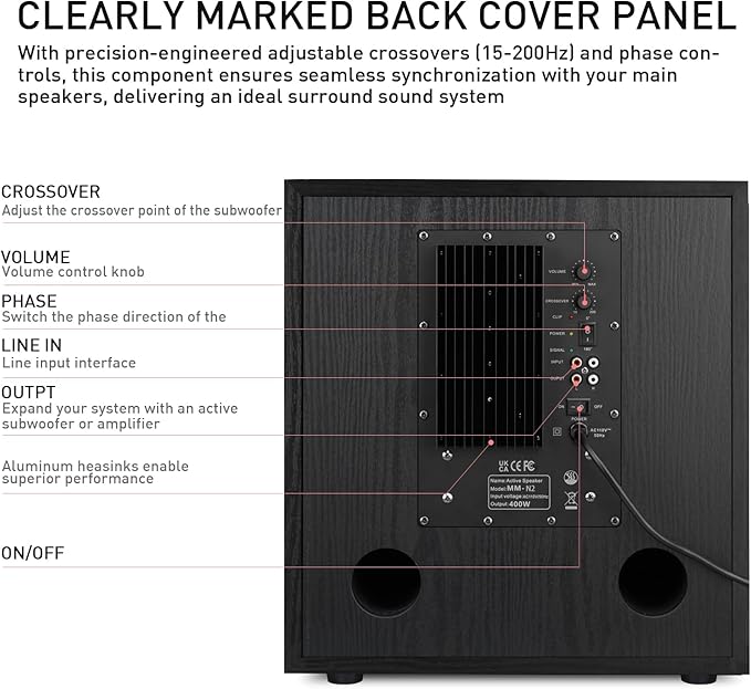 12" Active Home Theater subwoofer, Featuring RCA Input and Output interfaces, 400W RMS, Medium-Density fiberboard Cabinet with Heat Sink, Adjustable Crossover Frequency Range from 15-180 Hz.