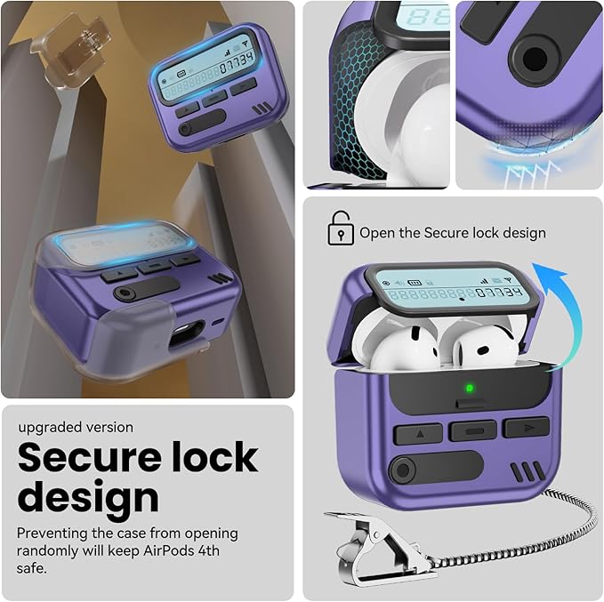 (with Safety Lock) Pager Cases for AirPods 4 Case Cover 2024 with Cleaner Kit,Sturdy Hard PC Protective for Apple AirPods 4th Generation Case for Men Women,AirPods 4 Accessories with Keychain-Purple