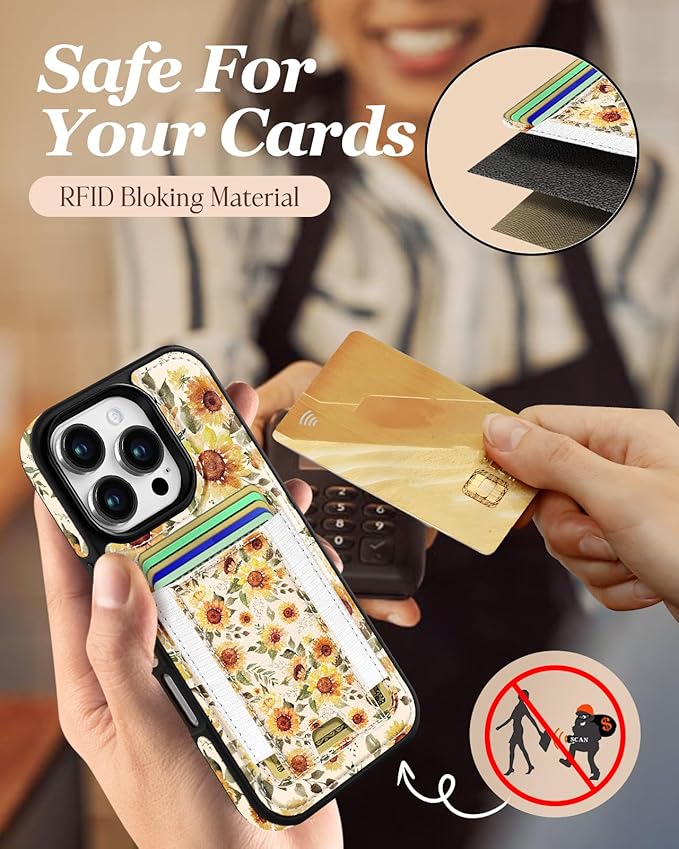 Shorogyt for iPhone 16 Pro Max Case Wallet - Fits 5 Cards, Compatible with Magsafe Detachable Magnetic Credit Card Holder Leather Cardholder Cute Phone Cover Women Girls for Apple 16 ProMax, Sunflower