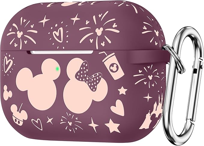 Compatible with Airpods Pro 2nd/1st Generation Case Cover with Keychain, Women Men Soft Silicone Two-Tone Cute Cartoon Engraved Convenience Protective Case, Front LED Visible Violet Smoke/Pink