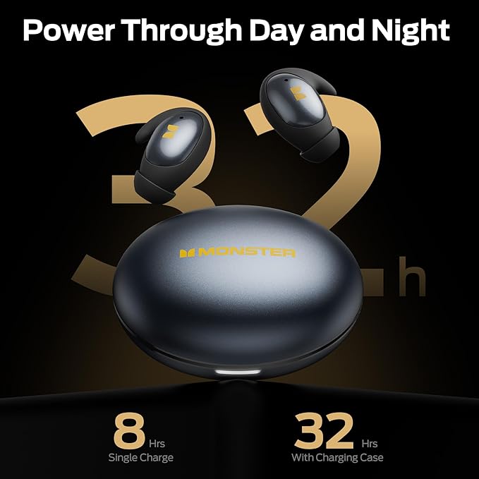 Monster Sleep Ear100 Ear Buds, Sleep Earbuds with Stereo Sound, Design for Side Sleeper, 32H Playtime, Bluetooth 6.0, ENC Noise Cancelling, IPX6 Waterproof Mini Headphones, Black