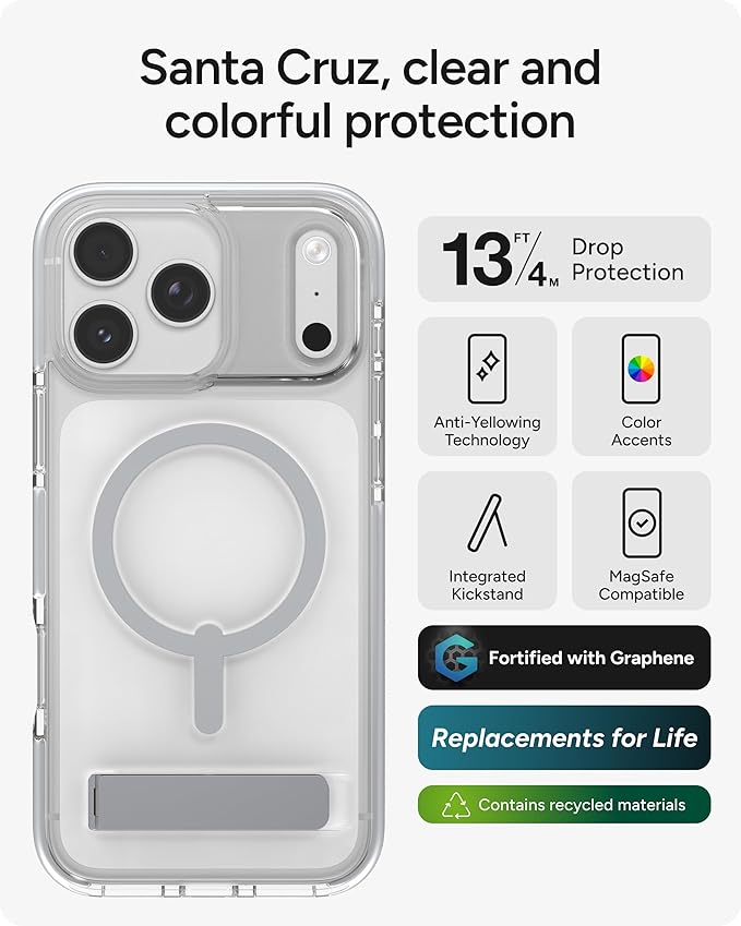 ZAGG Santa Cruz Snap Case with Kickstand for iPhone 17 Pro Max - Silver, Drop Protection (13ft/4m), MagSafe Charging Compatible, ClearGuard Anti-Yellowing Technology, Scratch Resistant Phone Case