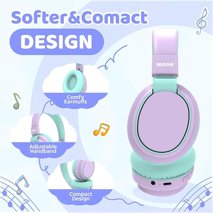 MIDOLA Kids Headphones Wireless Bluetooth 5.4 68H Play Time Volume Limit 85/94dB Over-Ear Foldable Headset,Type-C Fast Charging,with Wired Aux Mic for Toddler Boy Girl Pad Tablet Light Purple