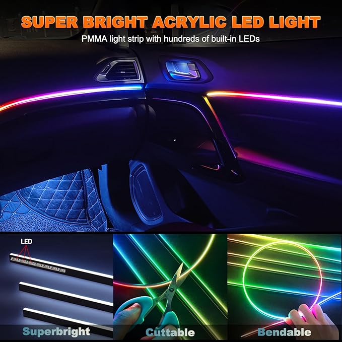 Car LED Strip Lights, Interior Acrylic LED Lights for Car with Dynamic Rainbow Dream Color Chasing, Ambient Lighting Kits Music Sync (8 in 1(6 * 29.5+43.3+14.5 inches))
