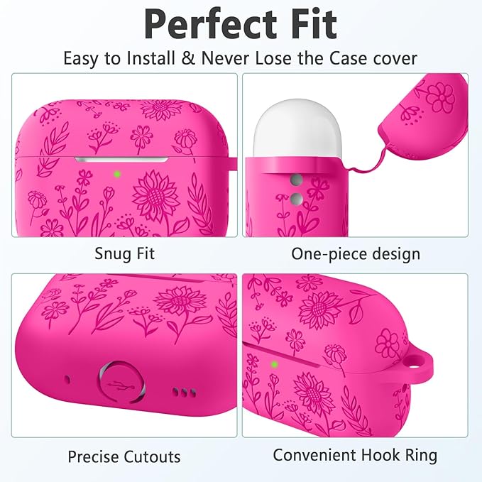 Hamile for AirPods Pro 2nd Generation Case with Cleaner Kit & Keychain, Cute Flower Engraved Soft Silicone Protective AirPods Pro Case Cover for Apple AirPods Pro Case 2nd/1st Generation, Rose Pink