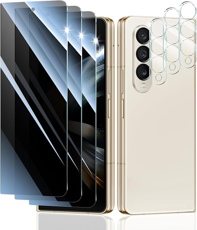 Privacy Screen & Camera Lens Protector for Samsung Galaxy Z Fold4, Double Shatterproof Anti-Spy Tempered Glass, Private Black Protection, 9H Hardness Anti-Scratch Case-Friendly, 3 Pack Each