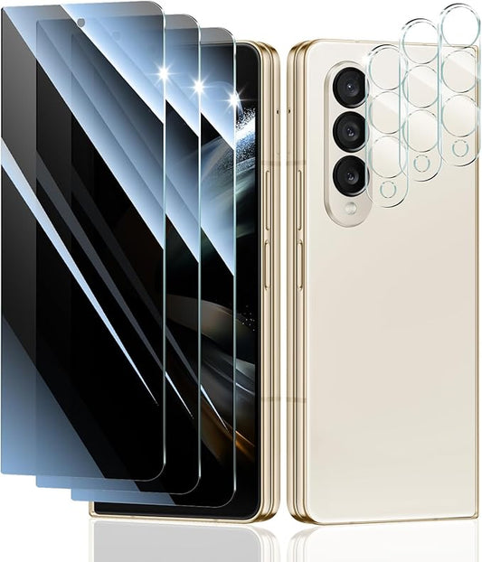 Privacy Screen & Camera Lens Protector for Samsung Galaxy Z Fold4, Double Shatterproof Anti-Spy Tempered Glass, Private Black Protection, 9H Hardness Anti-Scratch Case-Friendly, 3 Pack Each