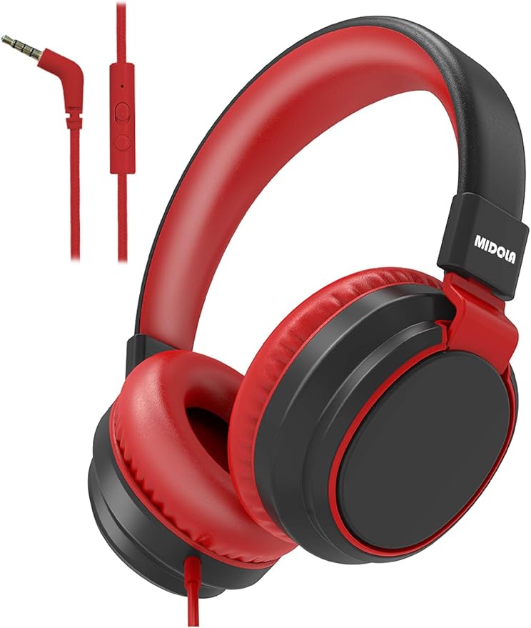 MIDOLA Volume Limited 85/110dB Kids Headphone Over-Ear/On-Ear Foldable Sound Noise Protection Headset with Inline AUX 3.5mm Cord w/Mic for Child School Cellphone Pad PC Notebook Black