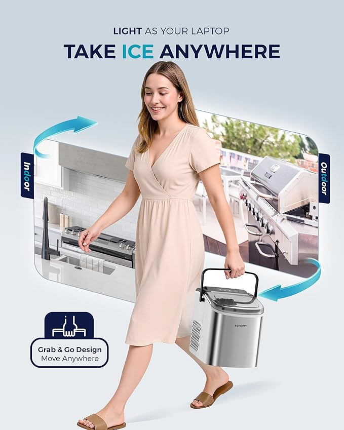EUHOMY Countertop Ice Maker Machine with Handle, 26lbs Per Day, 9 Ice Cubes Ready in 6 Mins, Auto-Cleaning Portable Ice Maker with Basket and Scoop, for Home/Kitchen/Camping/RV (Silver)