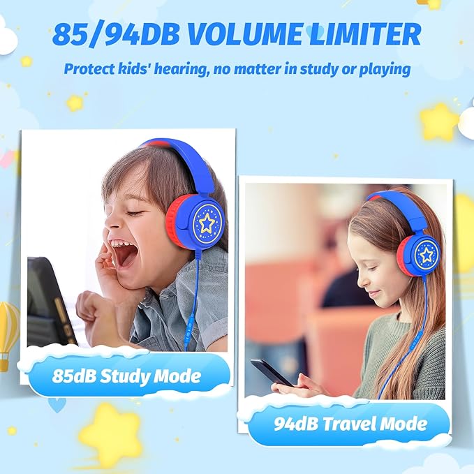 Kids Headphones with Cord for School, 85/94dB Volume Limit Headphones for Kids, Portable Wired Headphone with Shareport, Stereo Sound Foldable Headset for School/Tablet/iPad/Kindle (Blue)