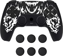 PlayVital Design for PS5 Controller Skin Cover Fit with Charging Station - Anti-Slip Silicone Controller Grip Case for PS5 with 6 Thumb Grip & Sticker, Pure Series Dockable Model - Carving Fire Skull - Image 1