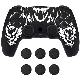 PlayVital Design for PS5 Controller Skin Cover Fit with Charging Station - Anti-Slip Silicone Controller Grip Case for PS5 with 6 Thumb Grip & Sticker, Pure Series Dockable Model - Carving Fire Skull