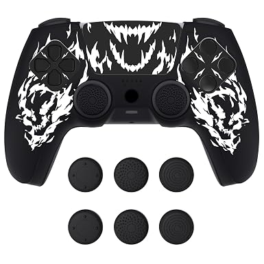 PlayVital Design for PS5 Controller Skin Cover Fit with Charging Station - Anti-Slip Silicone Controller Grip Case for PS5 with 6 Thumb Grip & Sticker, Pure Series Dockable Model - Carving Fire Skull