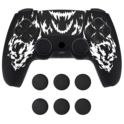 PlayVital Design for PS5 Controller Skin Cover Fit with Charging Station - Anti-Slip Silicone Controller Grip Case for PS5 with 6 Thumb Grip & Sticker, Pure Series Dockable Model - Carving Fire Skull